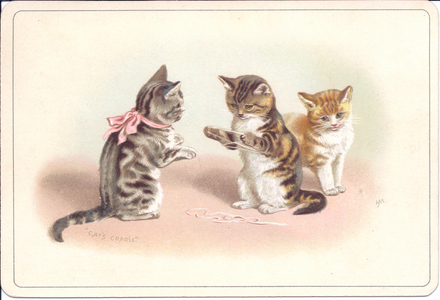 A Victorian card of kittens playing 'cat's cradle'; c.1880 (colour litho)