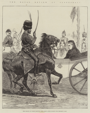 The Royal Review at Aldershott, the Prince of Wales saluting the Queen after leading his Regiment Past (engraving)