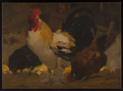 Rooster and hens, 1912 (oil on canvas)