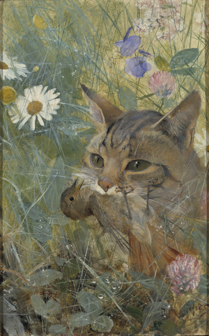 A Cat with a Young bird in its Mouth, 1885 (oil on wood)