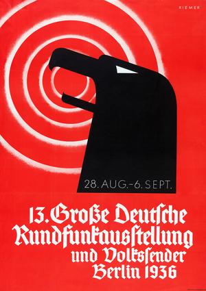 German Poster announcing a radio broadcasting exhibition Berlin, August-September 1936. Nazi era.
