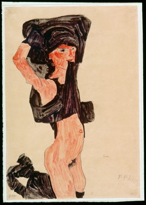 Kneeling Girl, Disrobing (gouache, watercolor, and pencil)