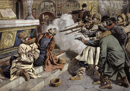 In Russia, 2 men accused to have betrayed revolution are executed in a church, illustration from french newspaper "Le Petit Journal" february 24, 1907