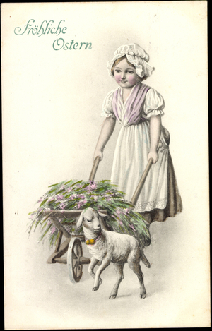 Happy Easter, girl with cart, lamb, flowers