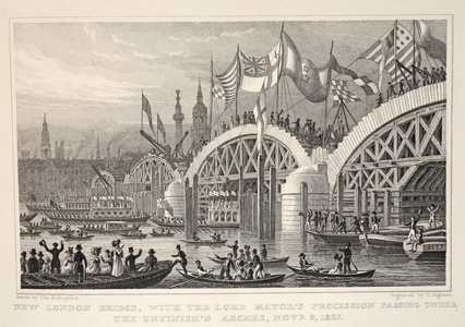 New London Bridge, with the Lord Mayor's Procession passing under the Unfinished Arches, Nov 8-9 1827, from 'London and it's Environs in the Nineteenth Century' pub. Jones & Co., 1827-1829 (engraving)