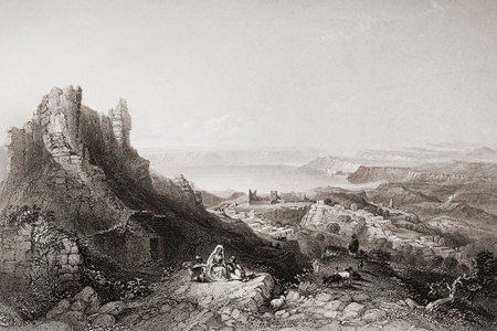 Lake of Tiberius from the Castle of Saphet, Palestine. Engraved by C. Cousen after W.H. Bartlett.