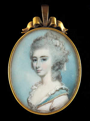 Portrait miniature of Lady Elizabandh Loftus wearing pale pink dress with gold edged blue collar and white lace trim, her powdered hair worn long and curling (w/c on ivory)