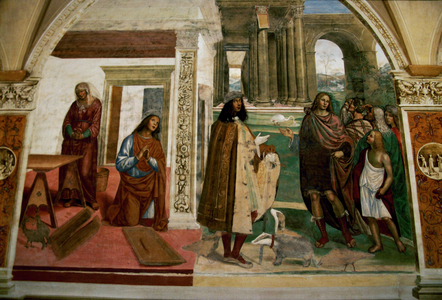 Benedict mends a wooden trough (left), self-portrait, Vita of Saint Benedict da Nurcia, 1497-1508 (fresco)