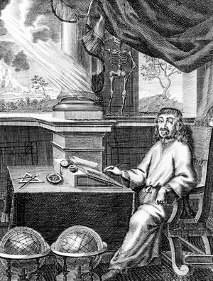 Rene Descartes (1596-1650) French philosopher and mathematician in his study. 17th century (engraving from his collected works)