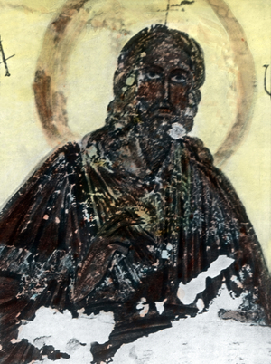 Wall painting of the portait of Jesus Christ from the catacombs alongside the Via Appia at Rome, Italy