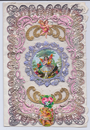 A Victorian embossed paper lace greeting card of a fairy playing a harp in the centerpiece with paper scraps of cupids and roses, c.1880 (colour litho)