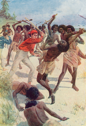 "With one blow of his staff Jack felled the man" (colour litho)