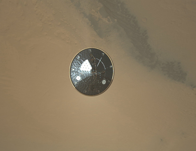 This color full-resolution image showing the heat shield of NASA's Curiosity rover was obtained during descent to the surface of Mars.