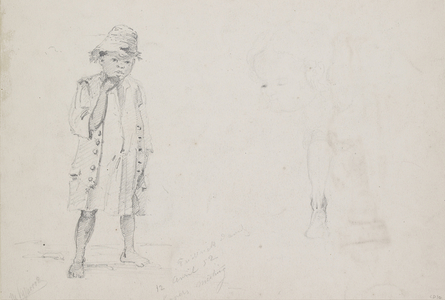Whole-length Study of a small boy with faint studies of his face and his left leg seen from the back, 1852 (pencil with pen & ink on paper)
