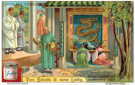 Buddhist monks performing a sacrifice to a dragon (chromolitho)