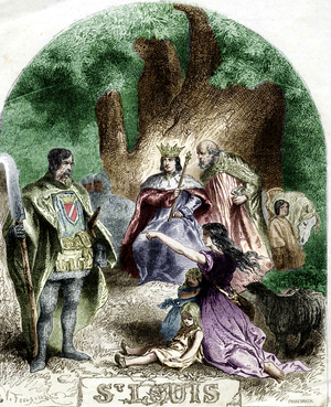 French king Louis IX called Saint Louis (1214-1270), ici rendering justice seated under an oak tree in Vincennes, engraving