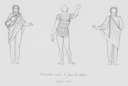 Etruscan male and female attire, Caylus, vol 1 (engraving)