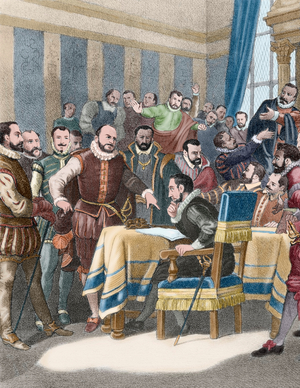 Spanish presence in Flanders under the reign of Felipe II. Commitment of Breda (colour engraving)