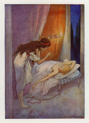 Cupid, as leep (colour litho)