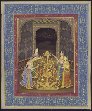 Four young Indian women with candles and religious offerings (gouache on paper)