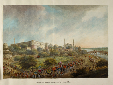 Lord Hastings' party entering the city of Lucknow on elephant back, c.1814-15 (w/c on paper)