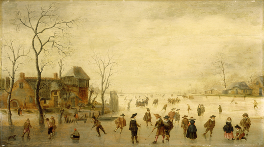 Winter Landscape with Skaters, Golf players and Peasants on Frozen Waterways (oil on panel)