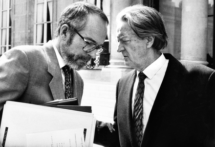 Philippe Marchand With Roland Dumas, 1991 (b/w photo)