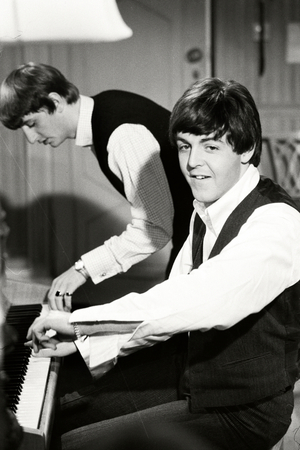 Paul McCartney and Ringo Starr rehearsing on set for A Hard Days Night at Twickenham Studio (b/w photo)