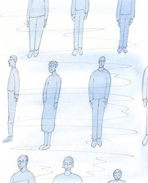 The Holy Souls in Purgatory undergo an interior cleansing and transformation, as they realise how much time they wasted in earthly life, when they might have shown greater love towards God and their neighbours, in humility and obedience, 2005 (w/c on paper)