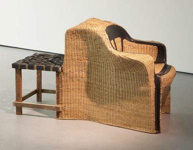Coast to coast chair, 2007 (plastic chair, wood and leather stool, and wicker on steel structure)