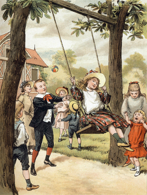 Children playing in the garden: a young girl have a swing , pushed by a boy. at their side: a little girl cry because of jealousy. llustration by Adrien Marie in the book Tout a la joie by Zari, Emile Guerin publication 1890