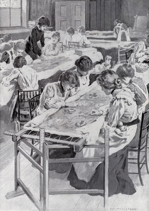 Students of the Royal School of Art Needlework Embroidering the King's Coronation Robe (litho)