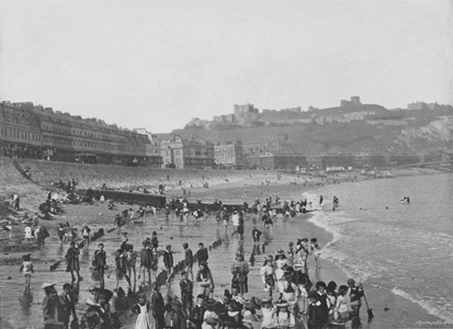 Dover, the Castle and Beach (b/w photo)