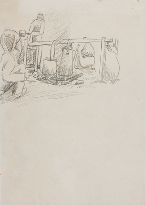 'Barracks in Lubeck, people cooking outside…', 1945 (pencil on paper)