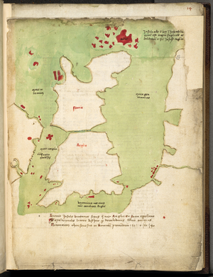 MS Harley 3686 f.13r, (Tille, Scotland, and England), from Ptolemy's 'Geography', translated by Jacopo Angeli da Scarperia, second quarter of the 15th century (pen & ink on paper)