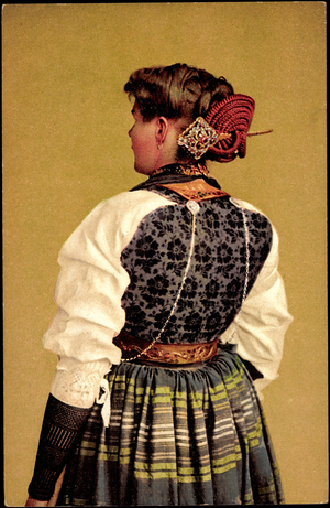 Woman in Unterwaldner costume, hairstyle, bun, pin