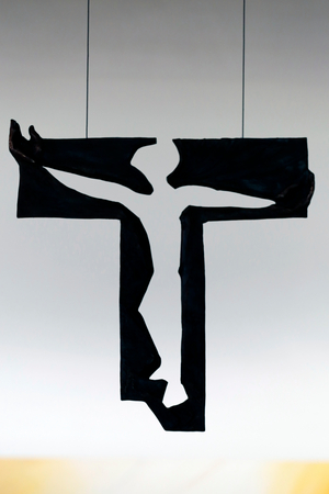 Sainte Genevieve church.  Metal sculpture of Jesus on Cross Annecy. France.