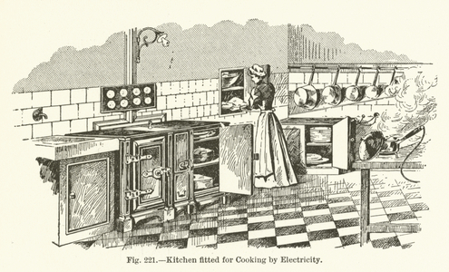 Kitchen fitted for Cooking by Electricity (engraving)