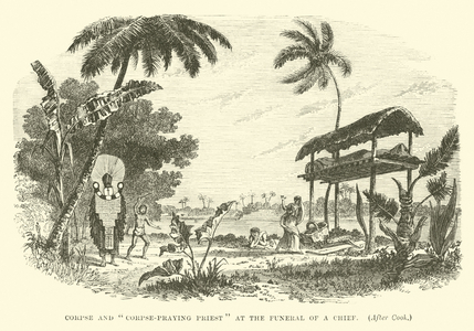 Corpse and "Corpse-praying Priest" at the funeral of a chief, after Cook (engraving)