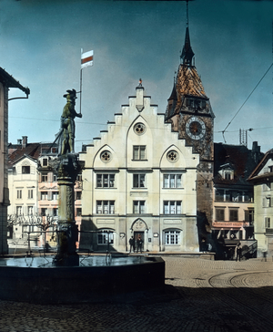 The city hall of Zug was built in 1505 at Kolinplatz square, Switzerland 1930s