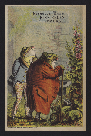 Advertisement for Reynolds Bros fine shoes, Utica, New York (colour litho)