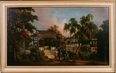 View of Howqua's Garden in Canton with Ladies by a Pavillion, c.1850 (oil on canvas)