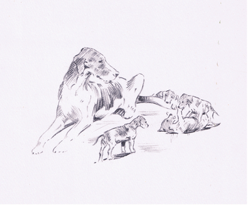 Hound and puppies, from The Silent Horn published by Collins, 1938 (litho)
