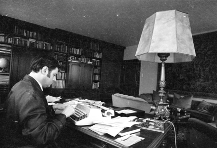 Hans Rudolf Beierlein at his desk, 1969 (b/w photo)