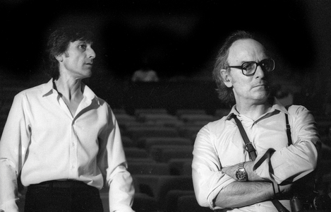 Antonio Gades (Antonio Esteve Rodenas) Spanish Flamenco Dancer and Carlos Saura on Stage at The Palais Des Congres, Paris, For A Rehearsal of Ballet "Carmen" June 3, 1985 (b/w photo)