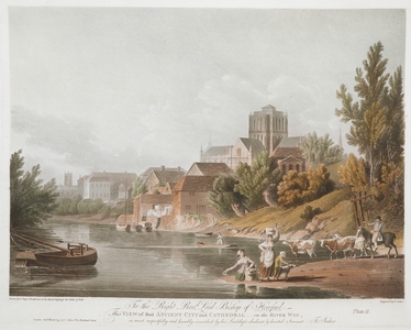 Women washing by a river; a figure, horse and cattle to the right; boats on the water; buildings and Hereford Cathedral behind