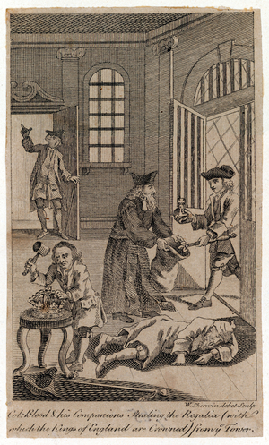 Colonel Blood and his companions steeling the crown jewels (engraving)