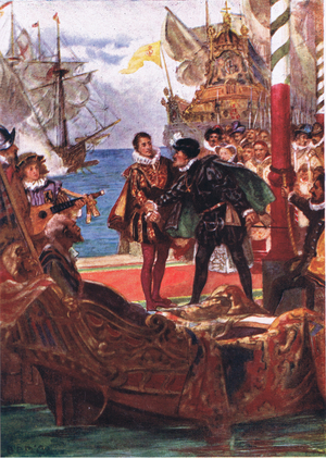 "No,not the Estates, buy you, you, you, illustration from 'Romance of History: The Netherlands ', 1920's (colour litho)