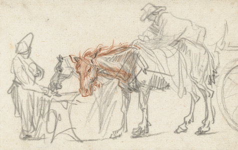 Two Horses at a Halting-place, c.1637 (black and red chalk on paper)