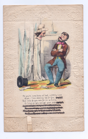 A Victorian hand coloured engraved and embossed mechanical Valentine card of a woman scolding a seated gentleman with her head disappearing behind the shower curtain when the tab is pulled, c.1860 (colour litho)